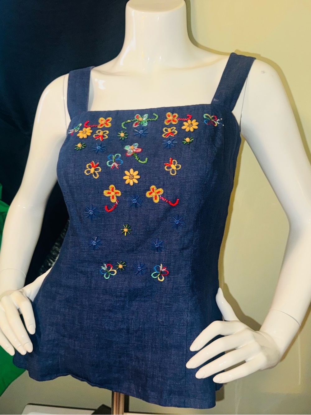 👑 Size 4 Designer Donna Morgan Navy Embroidered Denim Tank Dress - Picture 14 of 16